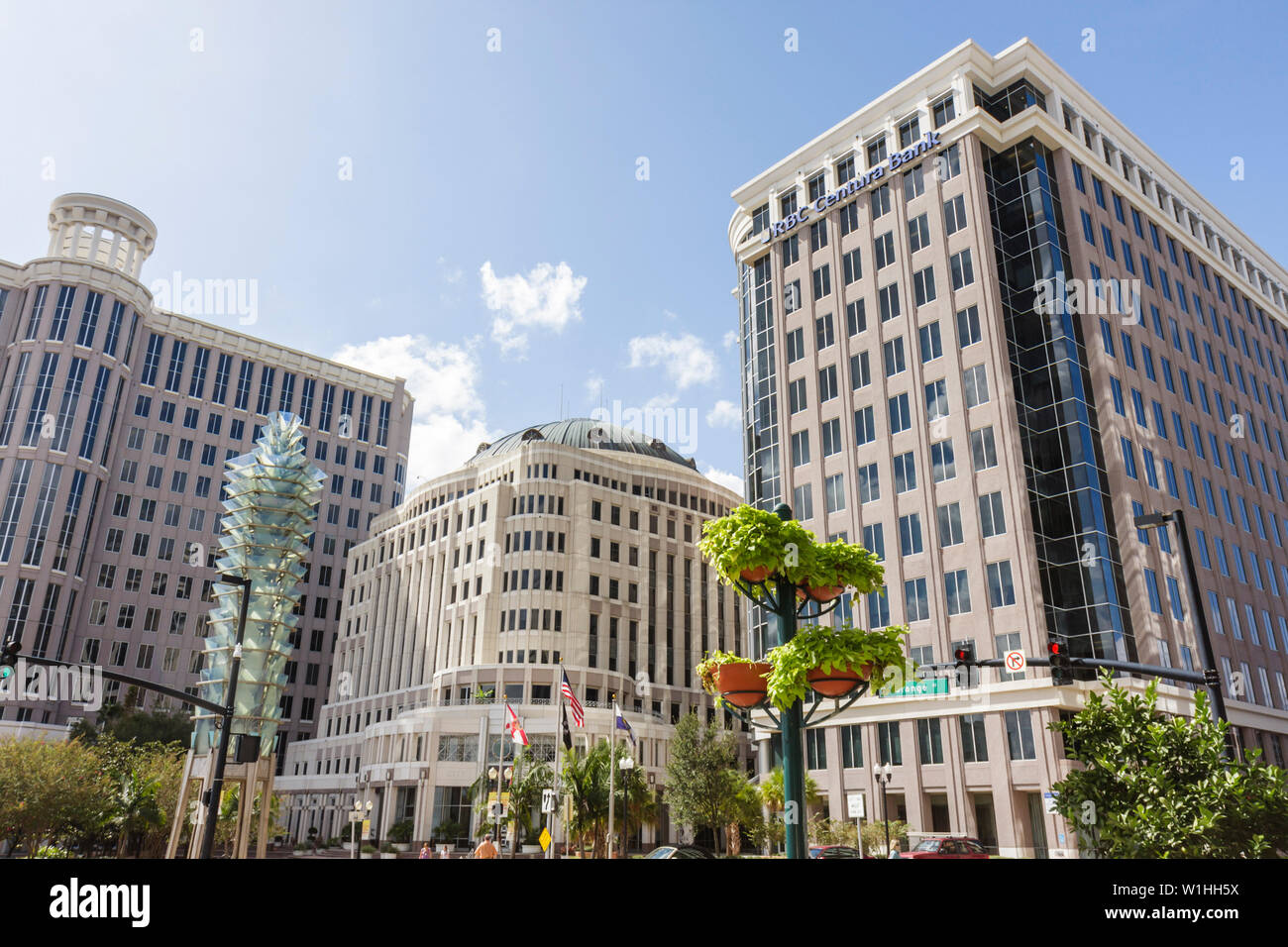 Orlando Florida,Orange Avenue,downtown,skyline,City Hall,building,office building,RBC Centura Bank,banking,district,government,Tower of Light,art,scul Stock Photo