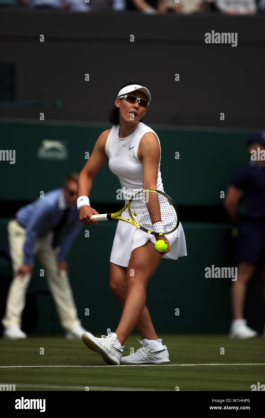Wimbledon, London, UK. 2nd July 2019. Saisai Zheng of China hits a return to Australia's Ash Barty during their first round match at Wimbledon today.  Barty won the match in straight sets. Credit: Adam Stoltman/Alamy Live News Stock Photo