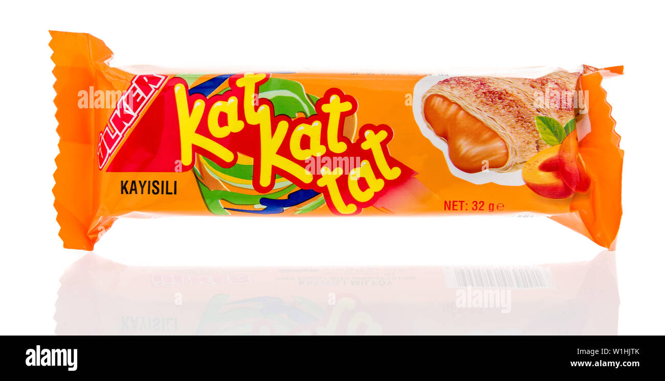 Winneconne, WI - 12 June 2019 : A package of Ulker kat kat tat flaky puff pastry with apricot filling on an isolated background Stock Photo