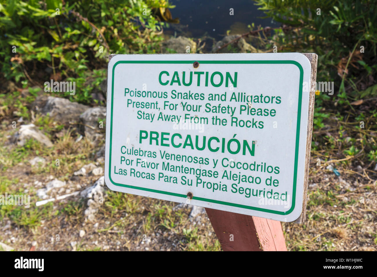 Miami Florida,Wyndham Miami Airport,hotel,canal,shore,sign,warning,caution,bilingual,Spanish,English,beware,poisonous snakes,alligators,safety,FL09103 Stock Photo