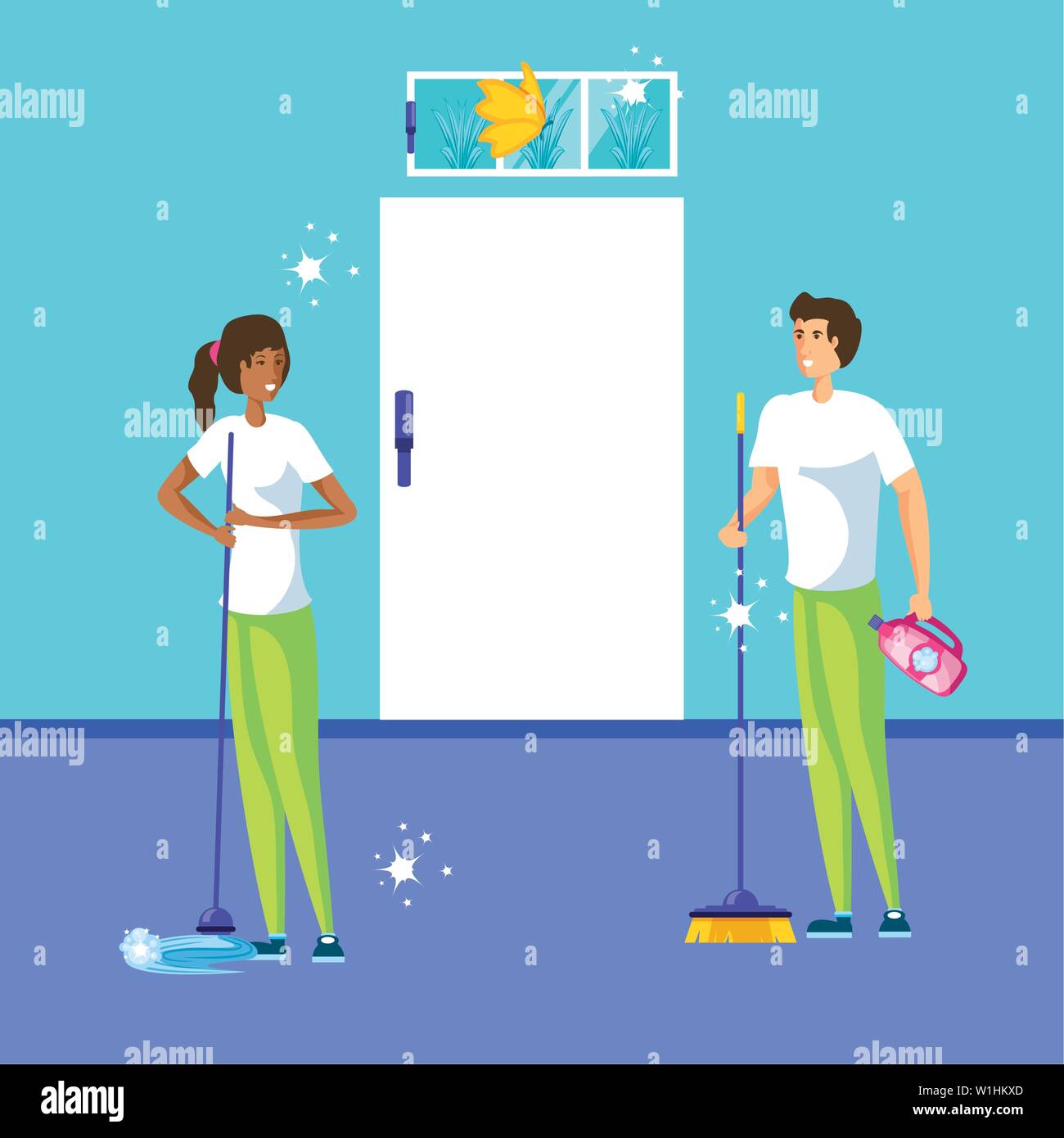 housekeeping couple working indoor home vector illustration design