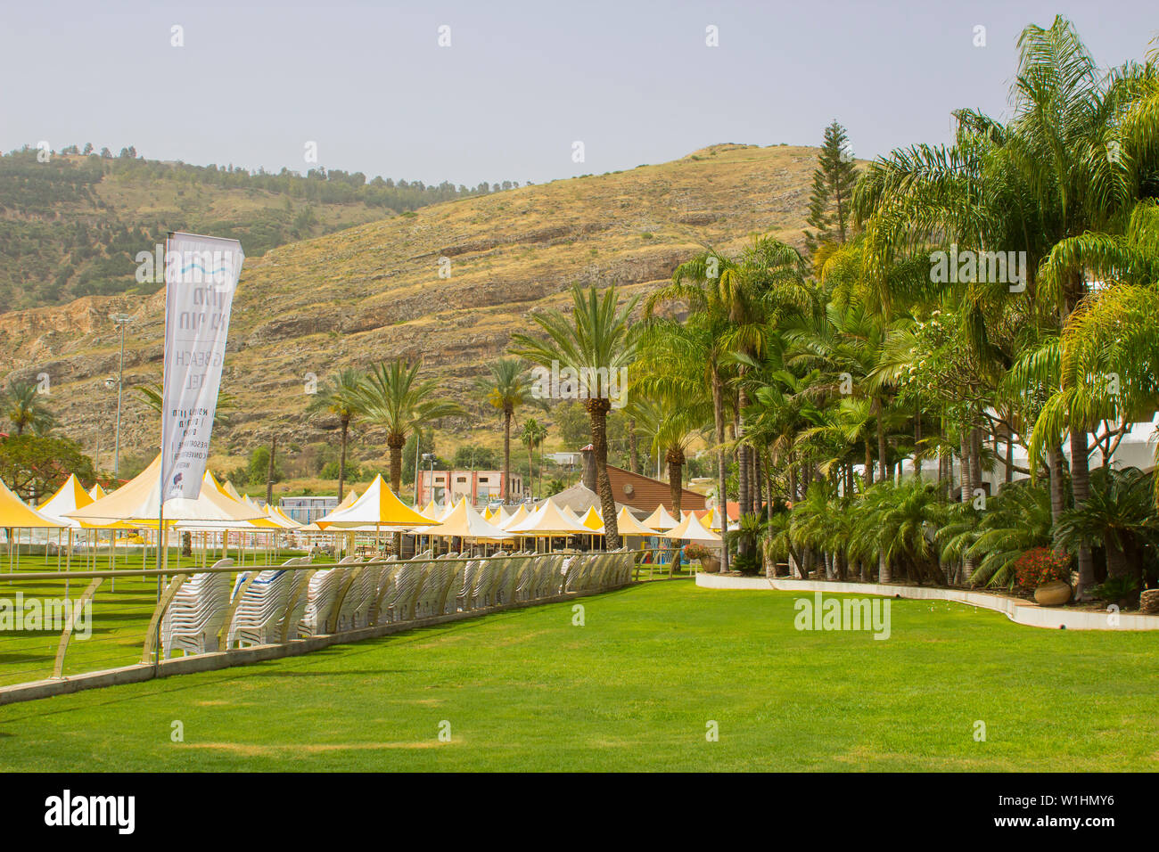 3 May 2018 Part of the grounds and lawn of The Gai Beach Hotel in Capernaum Israel. A popular tourist destination for pilgrims to the Holy Land Stock Photo