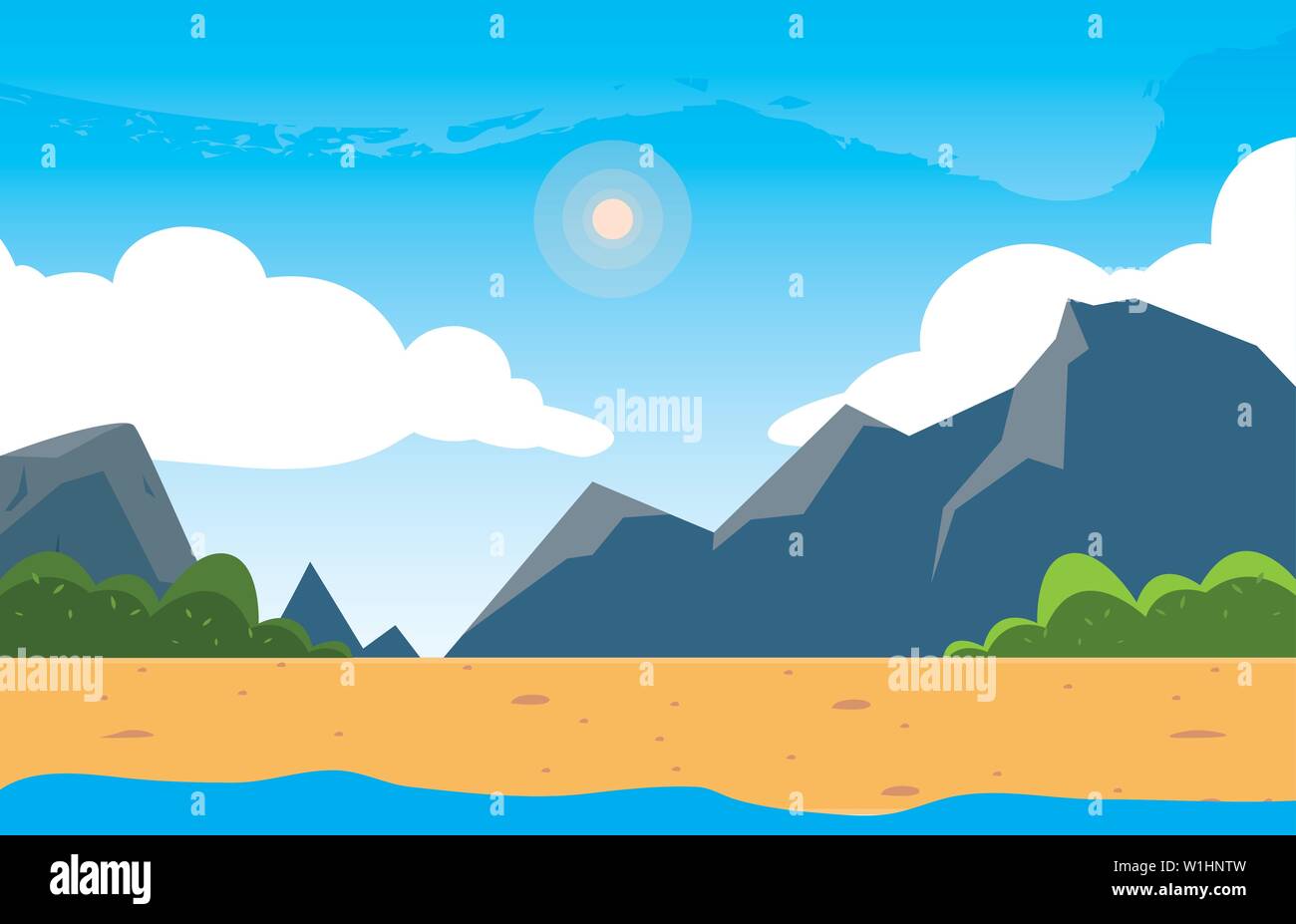 beautiful landscape scene with mountains and lake vector illustration ...