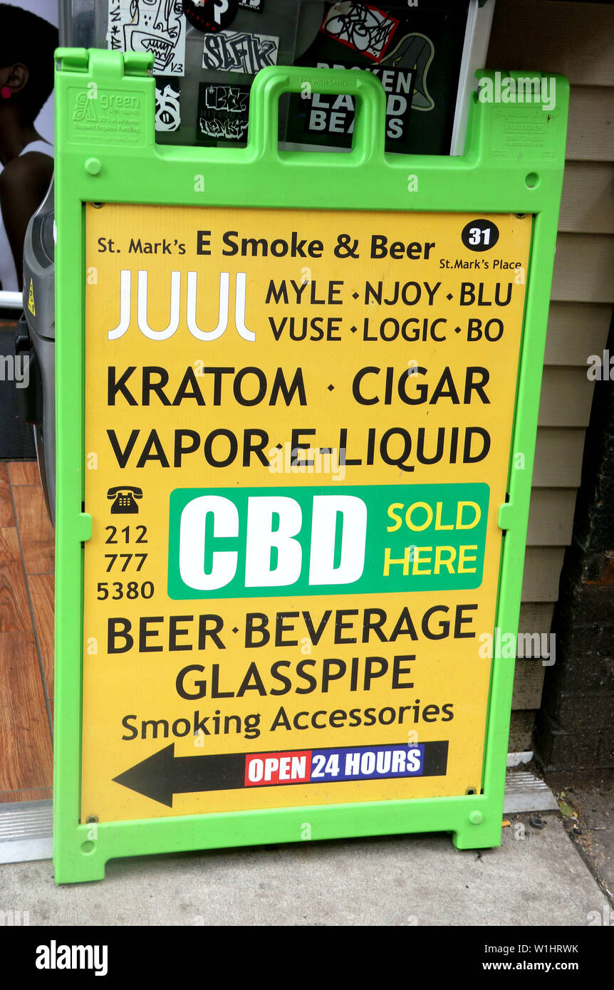 New York City, New York, USA. 2nd July, 2019. A CBD sign on display in St. Mark's Place. NYC has instituted a ban on foods and drinks containing CBD (marijuana extract cannabidiol) effective immediately. Starting Oct 1. fines and violations from the health department may be given to establishments selling food and drink products infused with CBD. Credit: Nancy Kaszerman/ZUMA Wire/Alamy Live News Stock Photo