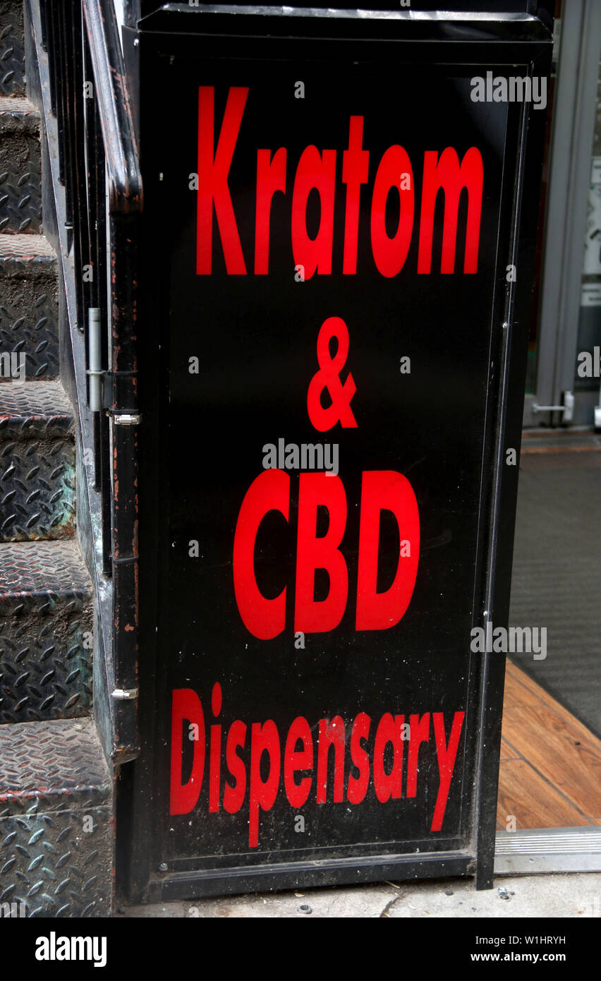 New York City, New York, USA. 2nd July, 2019. A CBD sign on display in St. Mark's Place. NYC has instituted a ban on foods and drinks containing CBD (marijuana extract cannabidiol) effective immediately. Starting Oct 1. fines and violations from the health department may be given to establishments selling food and drink products infused with CBD. Credit: Nancy Kaszerman/ZUMA Wire/Alamy Live News Stock Photo