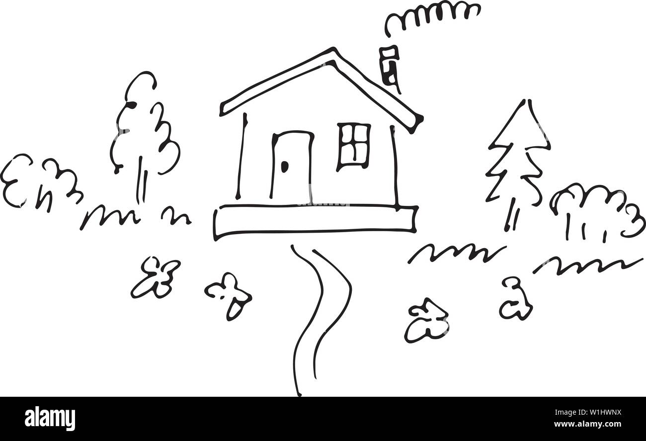 Sketch of countryside house surrounded by trees Hand drawn vector illustration. Stock Vector