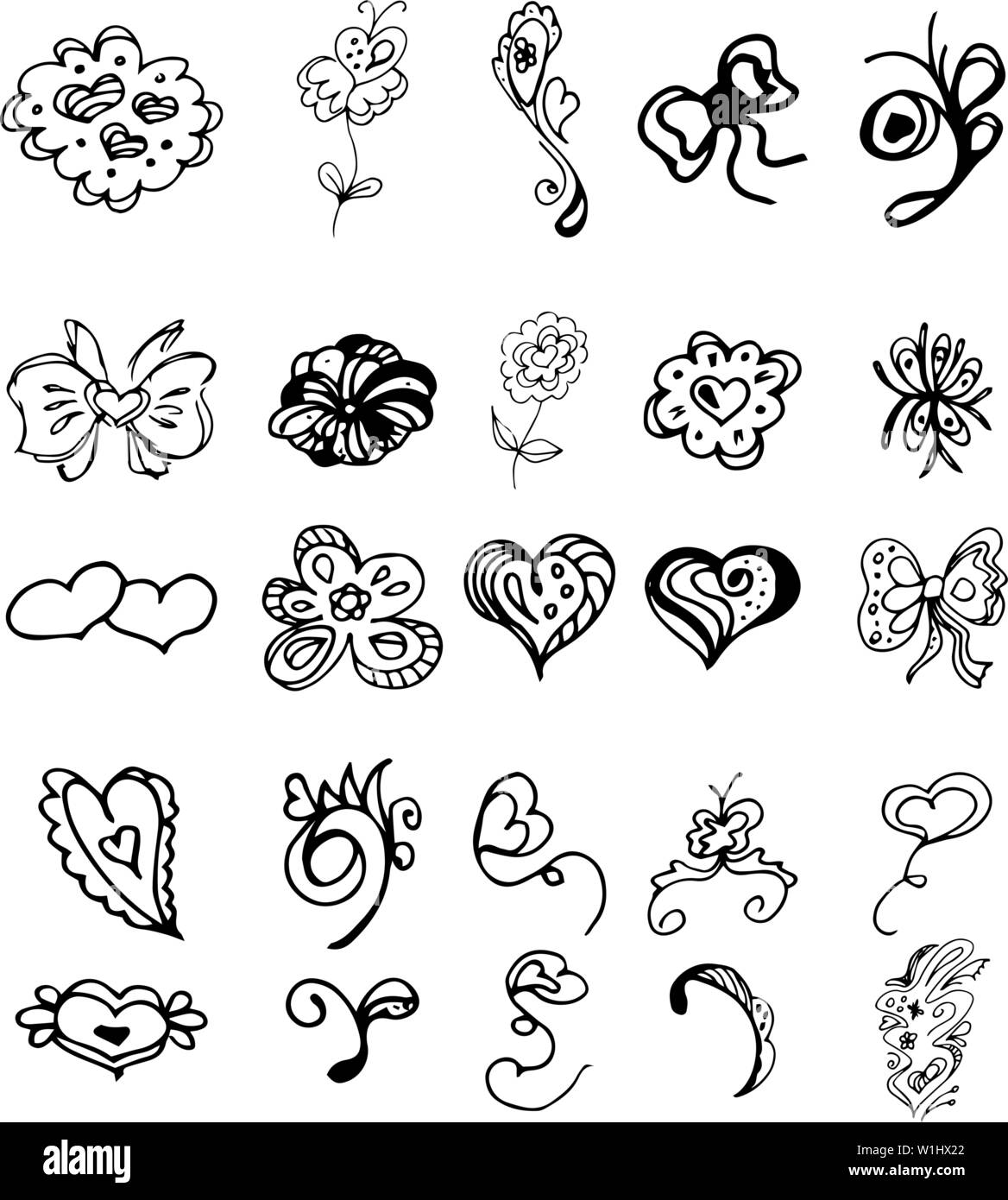 Download Flowers And Hearts Hand Drawn Doodle Collection Isolated On White Background 25 Floral Graphic Elements Big Vector Set Outline Collection Stock Vector Image Art Alamy