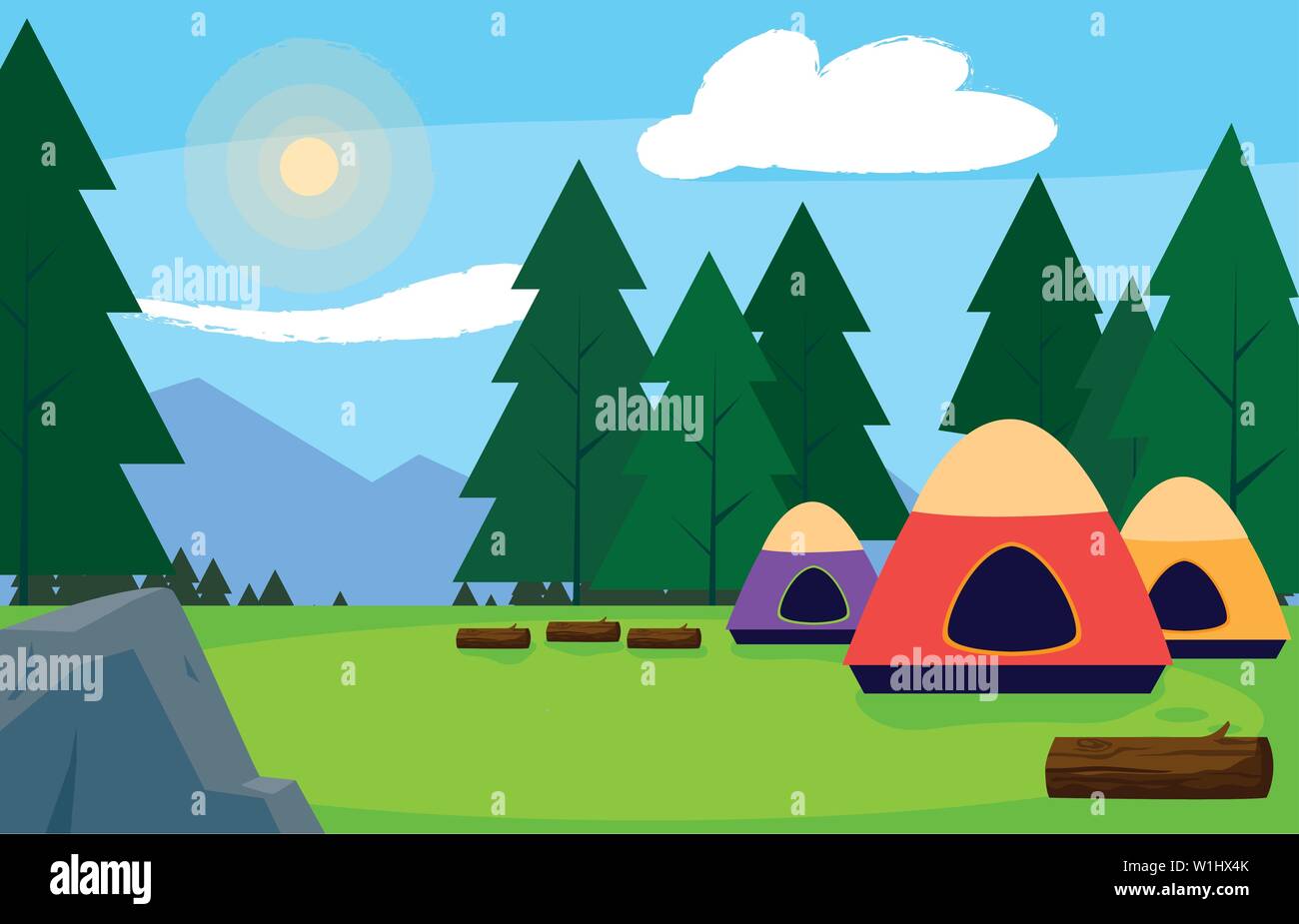 camping zone with tents day landscape vector illustration design Stock
