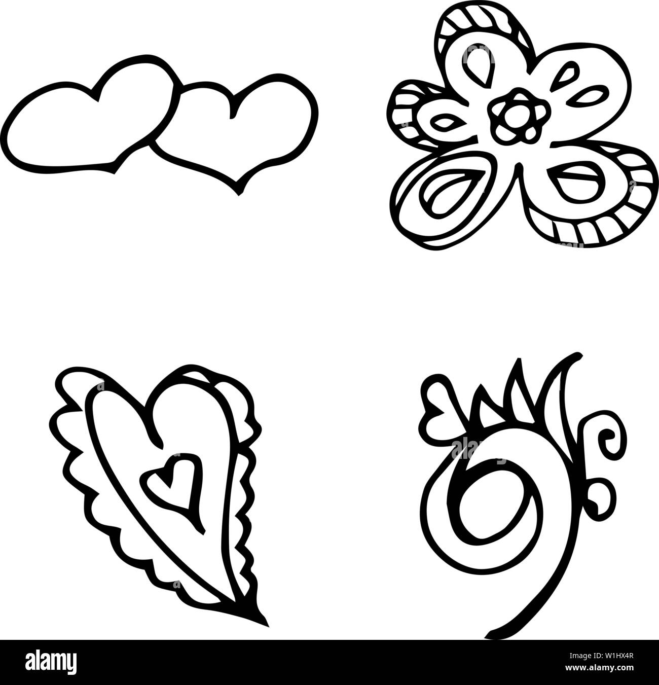 Flowers And Hearts Hand Drawn Doodle Collection Isolated On White Background 4 Floral Graphic Elements Big Vector Set Outline Collection Stock Vector Image Art Alamy