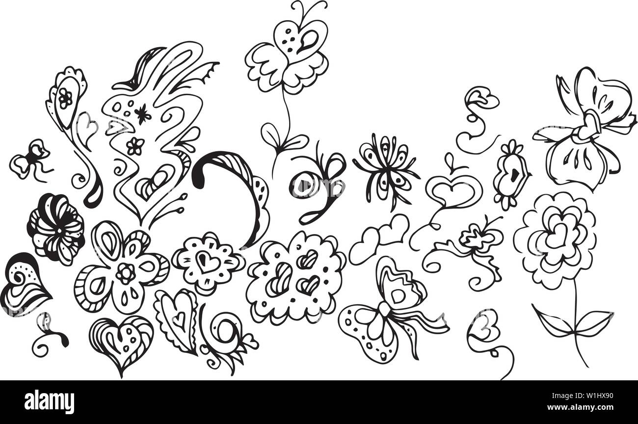 Hand Drawn Vector Illustrations Of Abstract Set of Flowers Isolated on ...