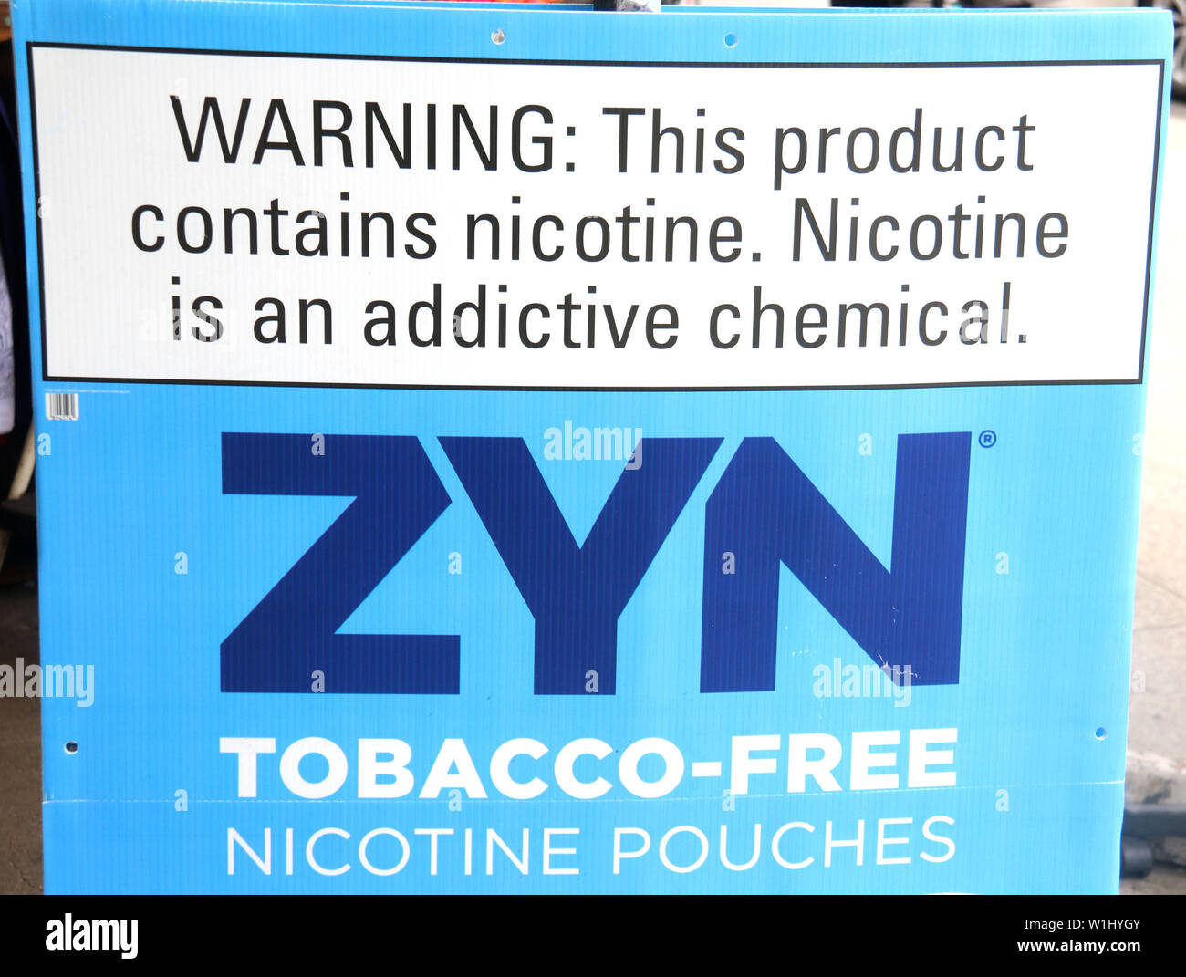 New York City, New York, USA. 2nd July, 2019. A ZYN sign on display in the  East Village.Zyn are Tobacco-Free Nicotine Pouches made with various  flavors including peppermint, coffee, cinnamon. They are