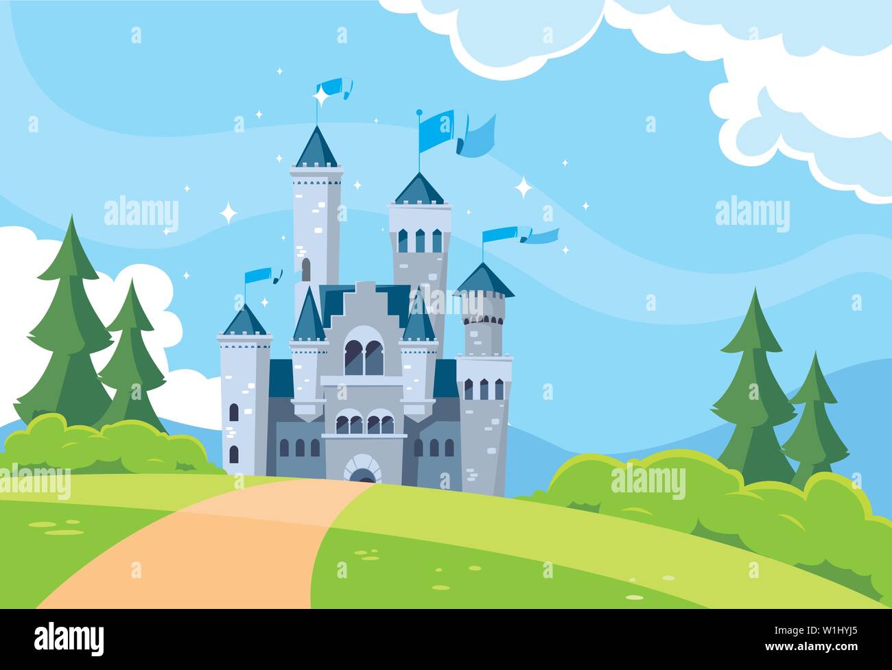 castle building fairytale in mountainous landscape vector illustration ...