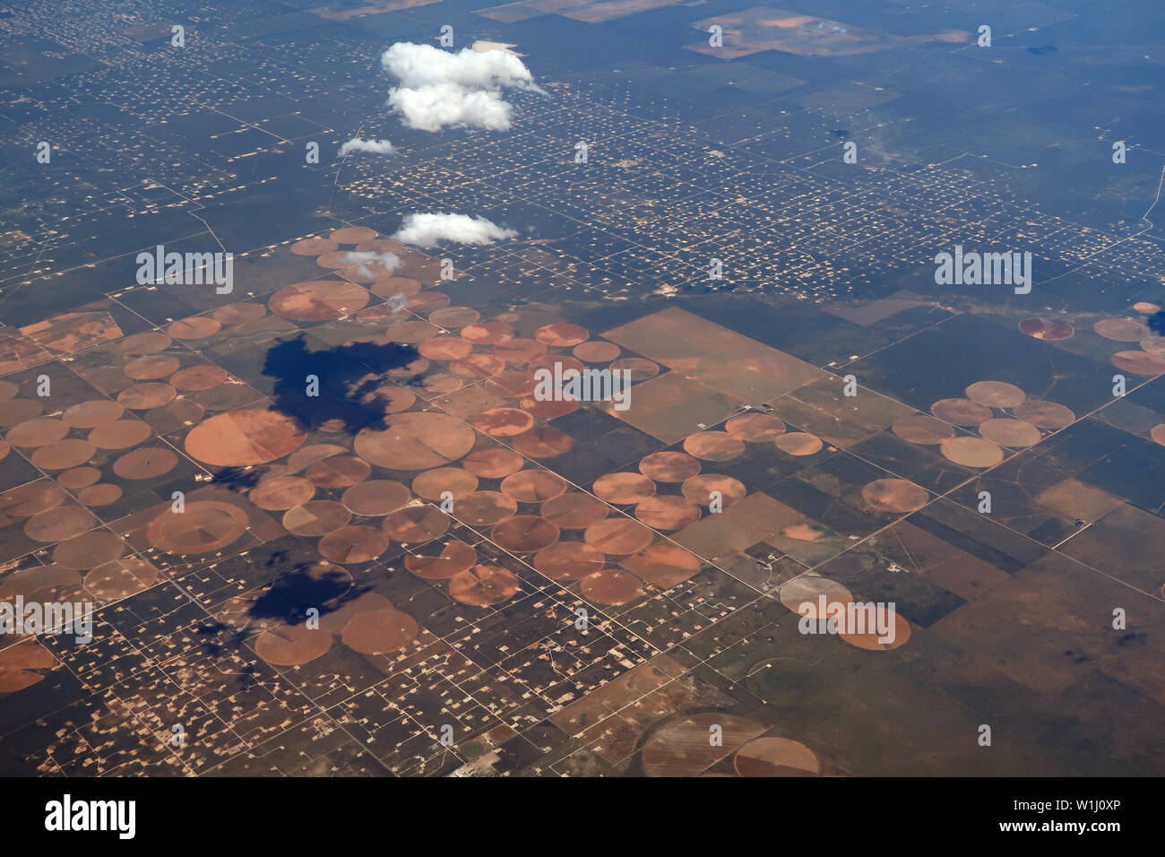 Aerial view of circular agriculture fields in the Arabian desert in the ...