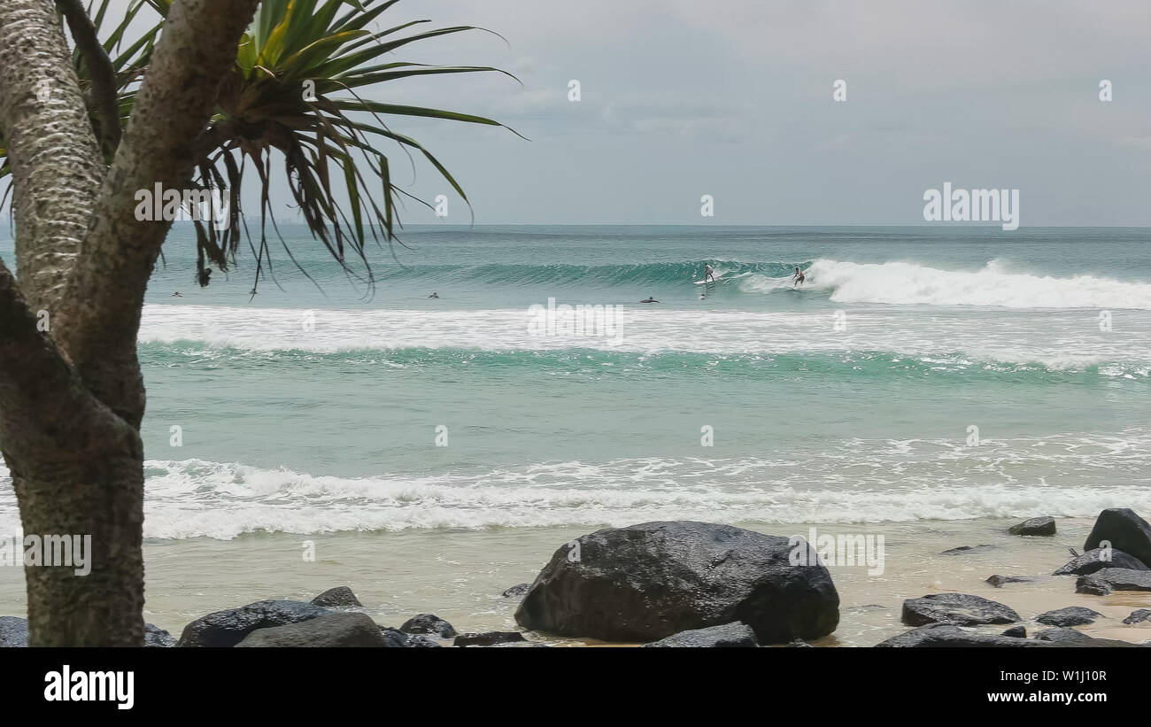 surfers riding a wave at greenmount in qld Stock Photo