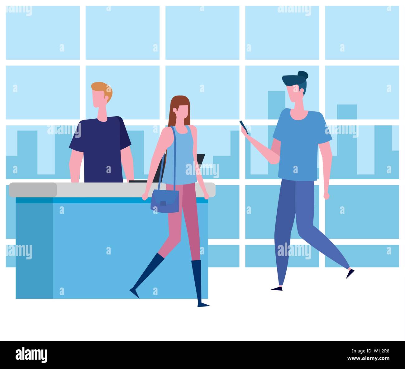 woman and man with casual clothes in the waiting room Stock Vector