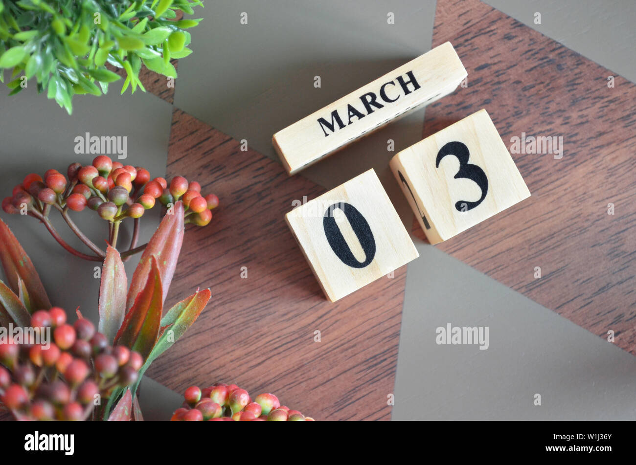 Date of March month. Diamond wood table for background. Stock Photo