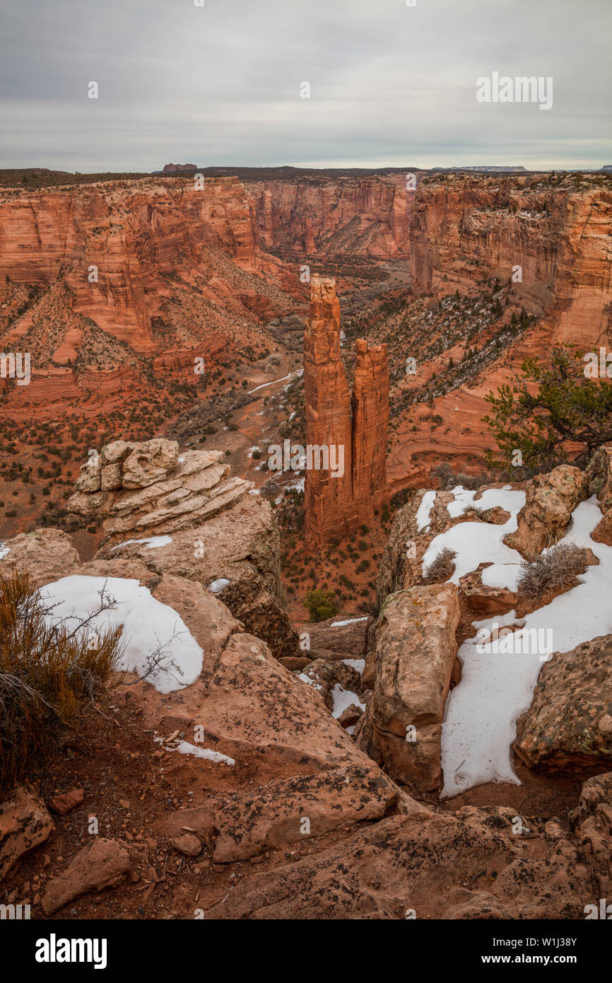 Spider Rock in winter from overlook, Canyon de Chelly National Monument, Arizona Stock Photo