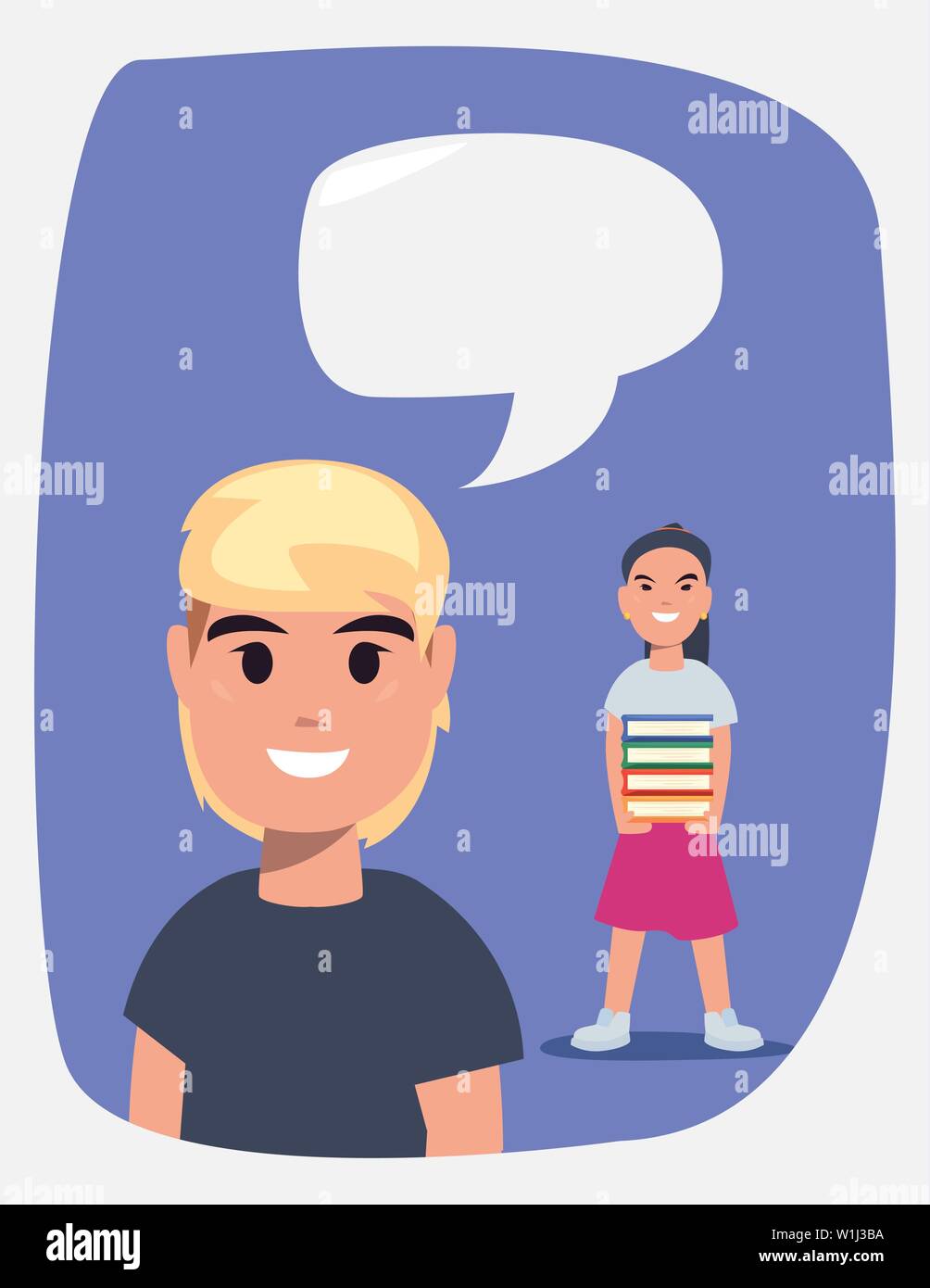 boy and girl talking books stacked back to school vector illustration Stock Vector