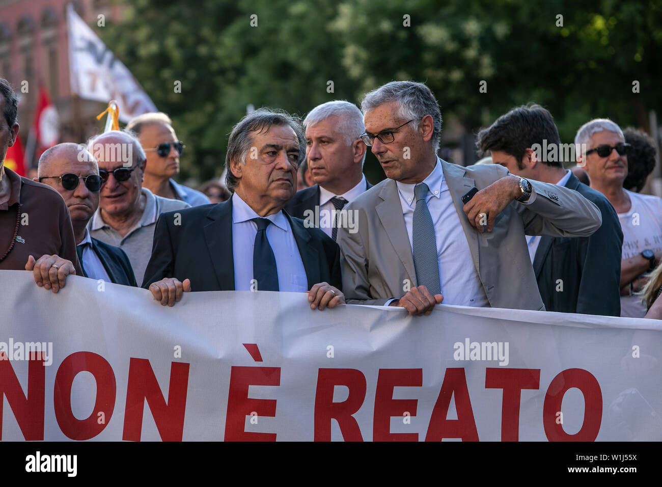 Palermo, Italy. 02nd July, 2019. Leoluca Orlando, mayor of Palermo, during the demonstration to show support for Sea Watch captain Carola Rakete. Credit: Antonio Melita/Pacific Press/Alamy Live News Stock Photo