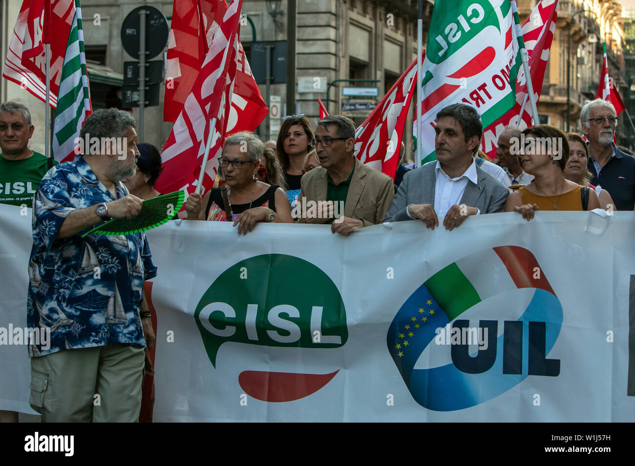 Palermo, Italy. 02nd July, 2019. Trade Unions during the demonstration in Palermo to show support for Sea Watch captain Carola Rakete. Credit: Antonio Melita/Pacific Press/Alamy Live News Stock Photo