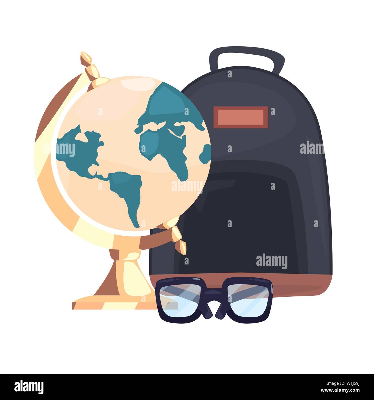 backpack map world and glasses back to school vector illustration Stock ...