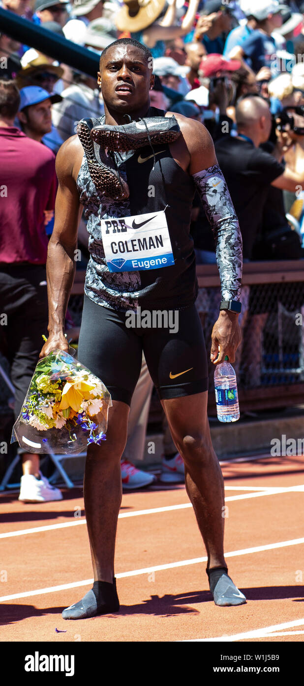 Stanford, CA. 30th June, 2019. Christian Coleman wins the Men's 100 meter with a time of 9.81 during the Nike Prefontaine Classic at Stanford University Palo Alto, CA. Thurman James/CSM/Alamy Live News Stock Photo