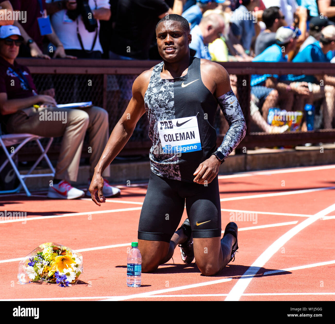 Stanford, CA. 30th June, 2019. Christian Coleman wins the Men's 100 meter with a time of 9.81 during the Nike Prefontaine Classic at Stanford University Palo Alto, CA. Thurman James/CSM/Alamy Live News Stock Photo