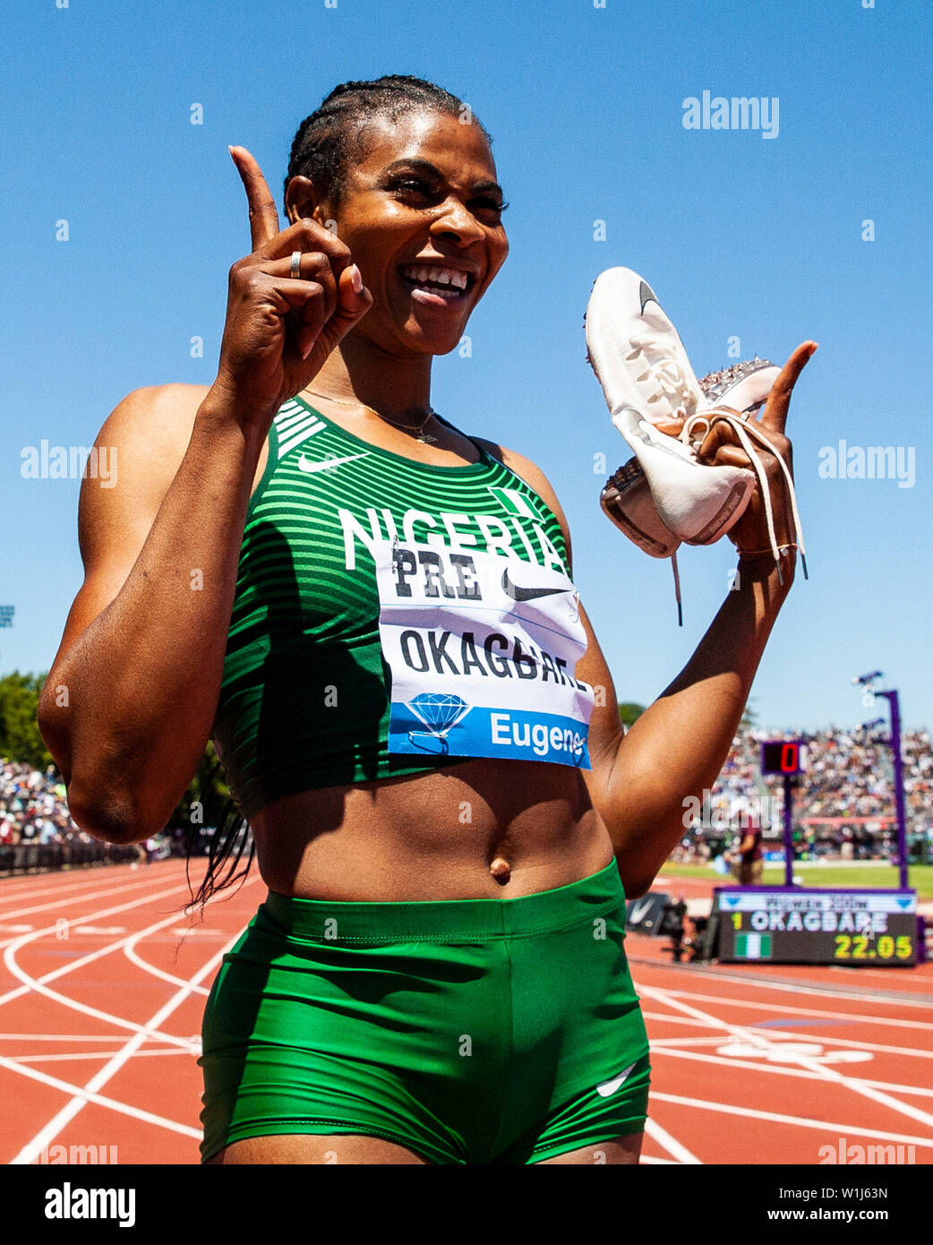 Stanford, CA. 30th June, 2019. Blessing Okagabare beat Elaine Thompson and Dian Asher-Smith with a time of 22.05 to win the Women's 200 meter during the Nike Prefontaine Classic at Stanford University Palo Alto, CA. Thurman James/CSM/Alamy Live News Stock Photo