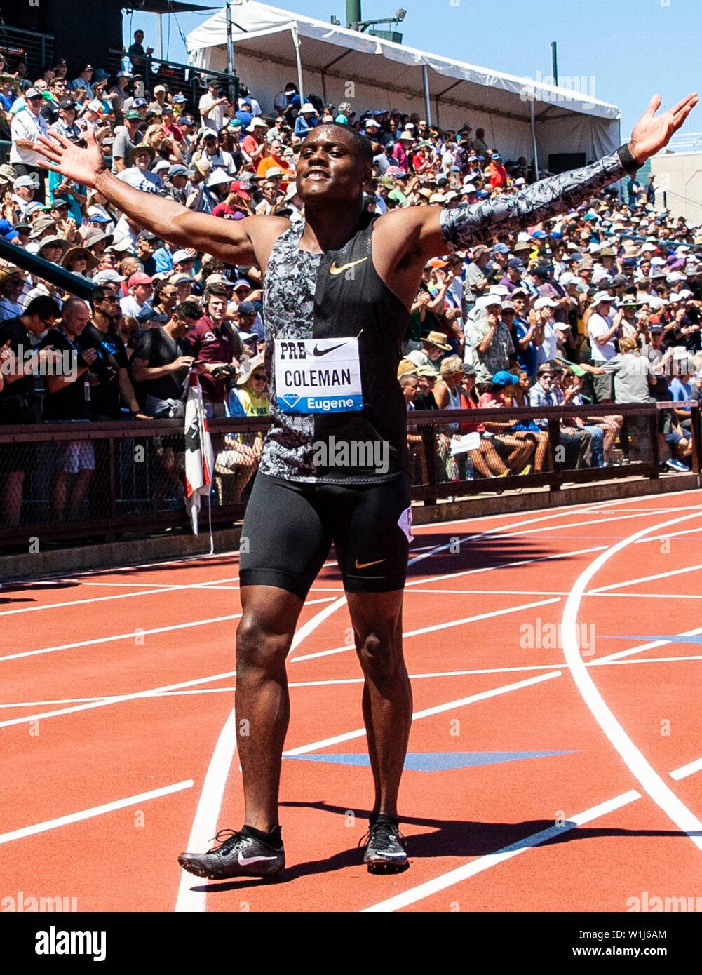 Stanford, CA. 30th June, 2019. Christian Coleman wins the Men's 100 meter with a time of 9.81 during the Nike Prefontaine Classic at Stanford University Palo Alto, CA. Thurman James/CSM/Alamy Live News Stock Photo