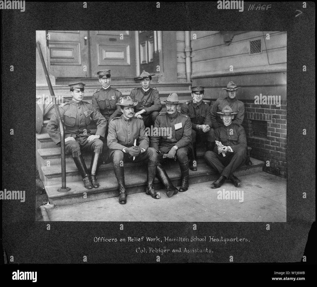 San Francisco Earthquake of 1906: [United States Army] officers on relief  work, Hamilton School Headquarters. Colonel Febiger and assistants Stock  Photo - Alamy