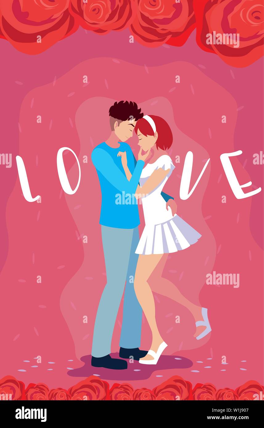 young couple in love poster with roses decoration vector illustration ...