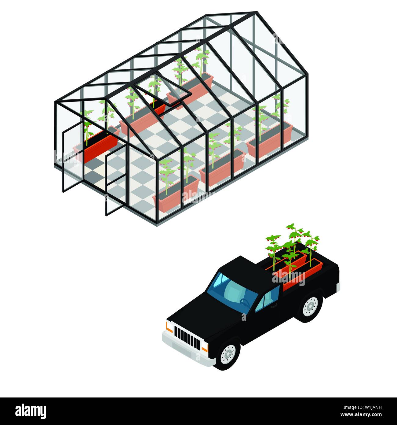 Greenhouse and pickup car at an organic farm. Growing tomatoes
