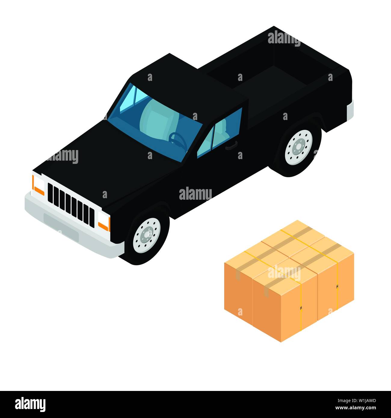 Black pickup truck deliver cardboard boxes isolated on white background