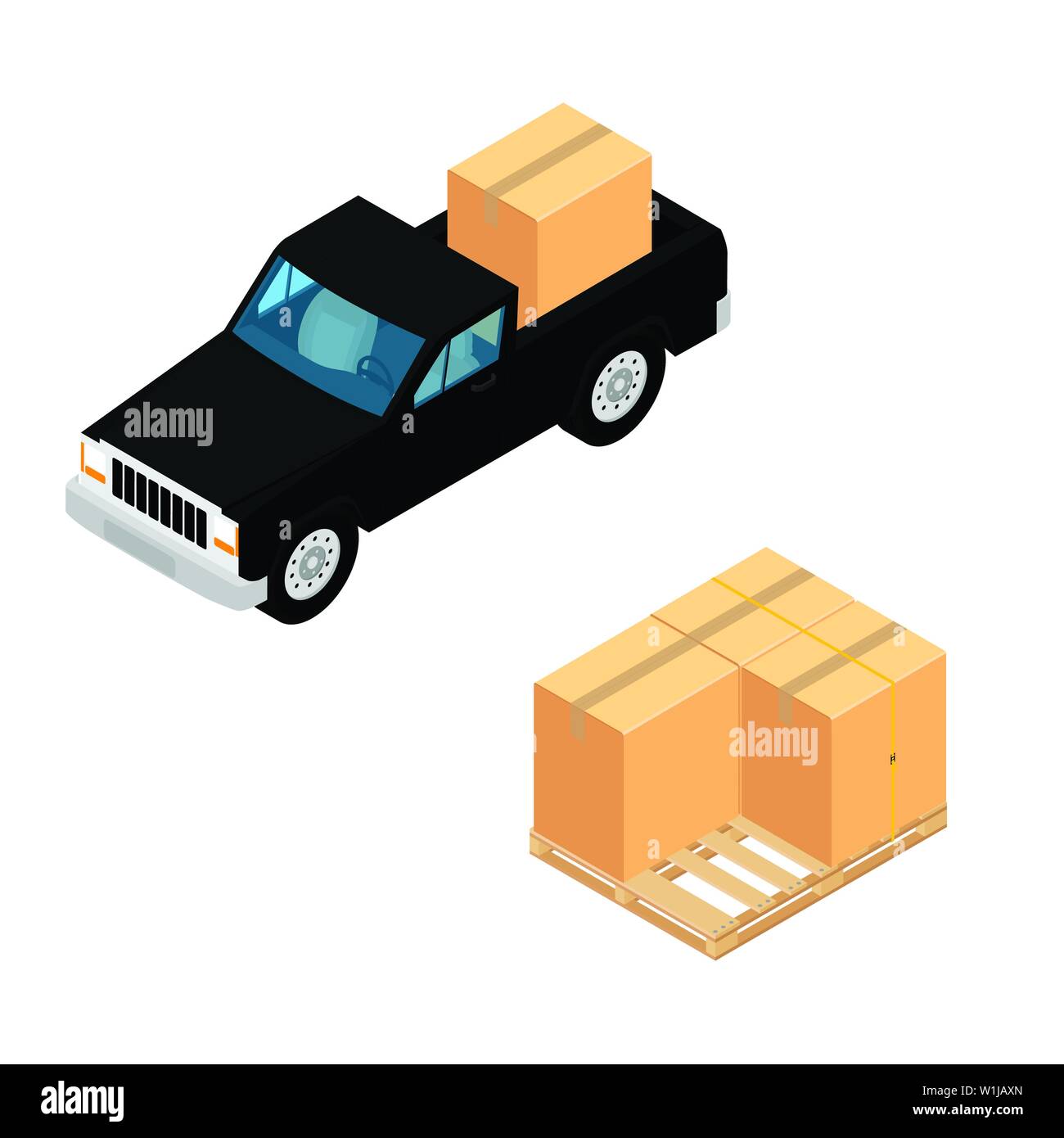 Black pickup truck deliver cardboard boxes isolated on white background