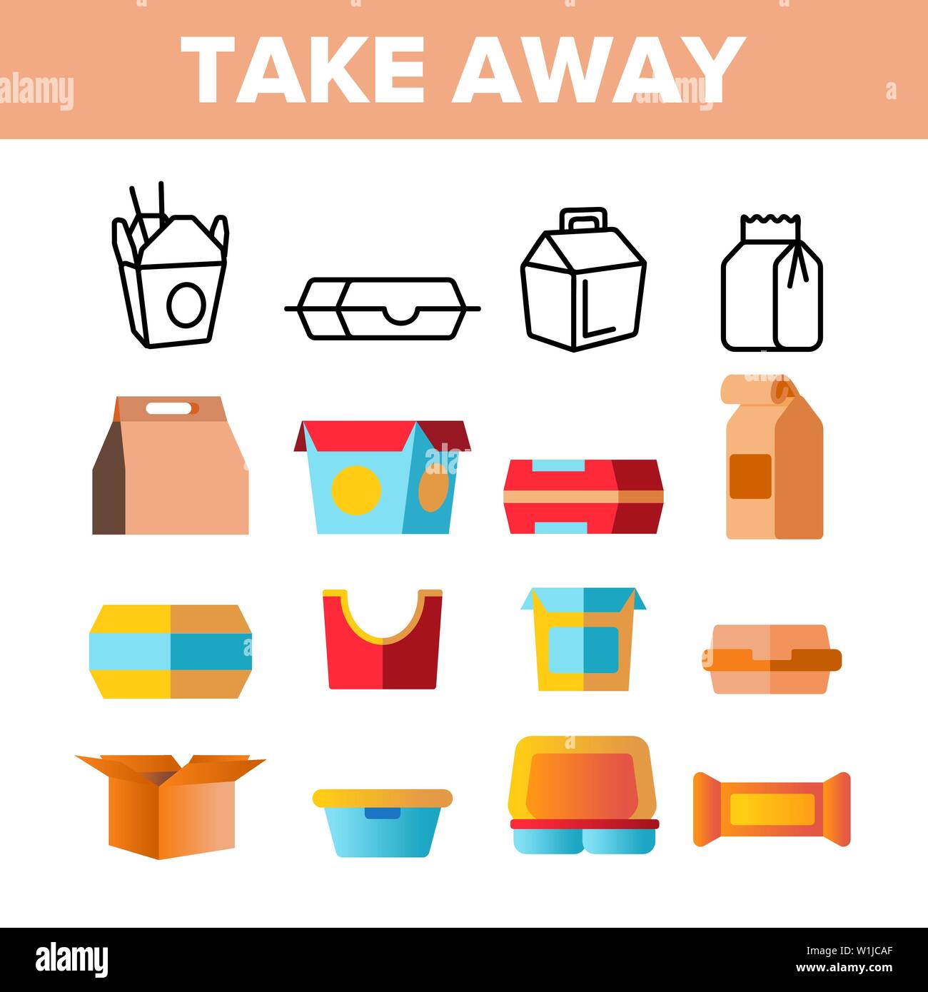 Take Away Food Vector Thin Line Icons Set Stock Vector Image & Art - Alamy