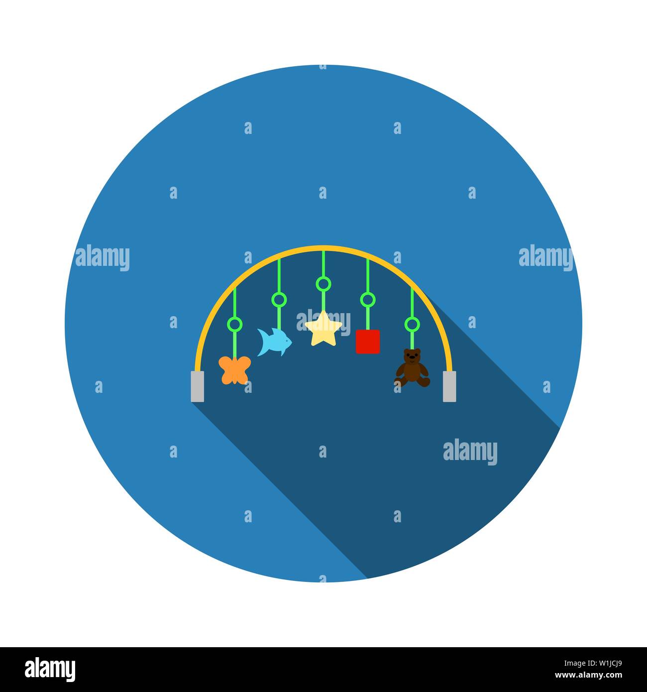 Baby Arc With Hanged Toys Icon. Flat Circle Stencil Design With Long Shadow. Vector Illustration. Stock Vector
