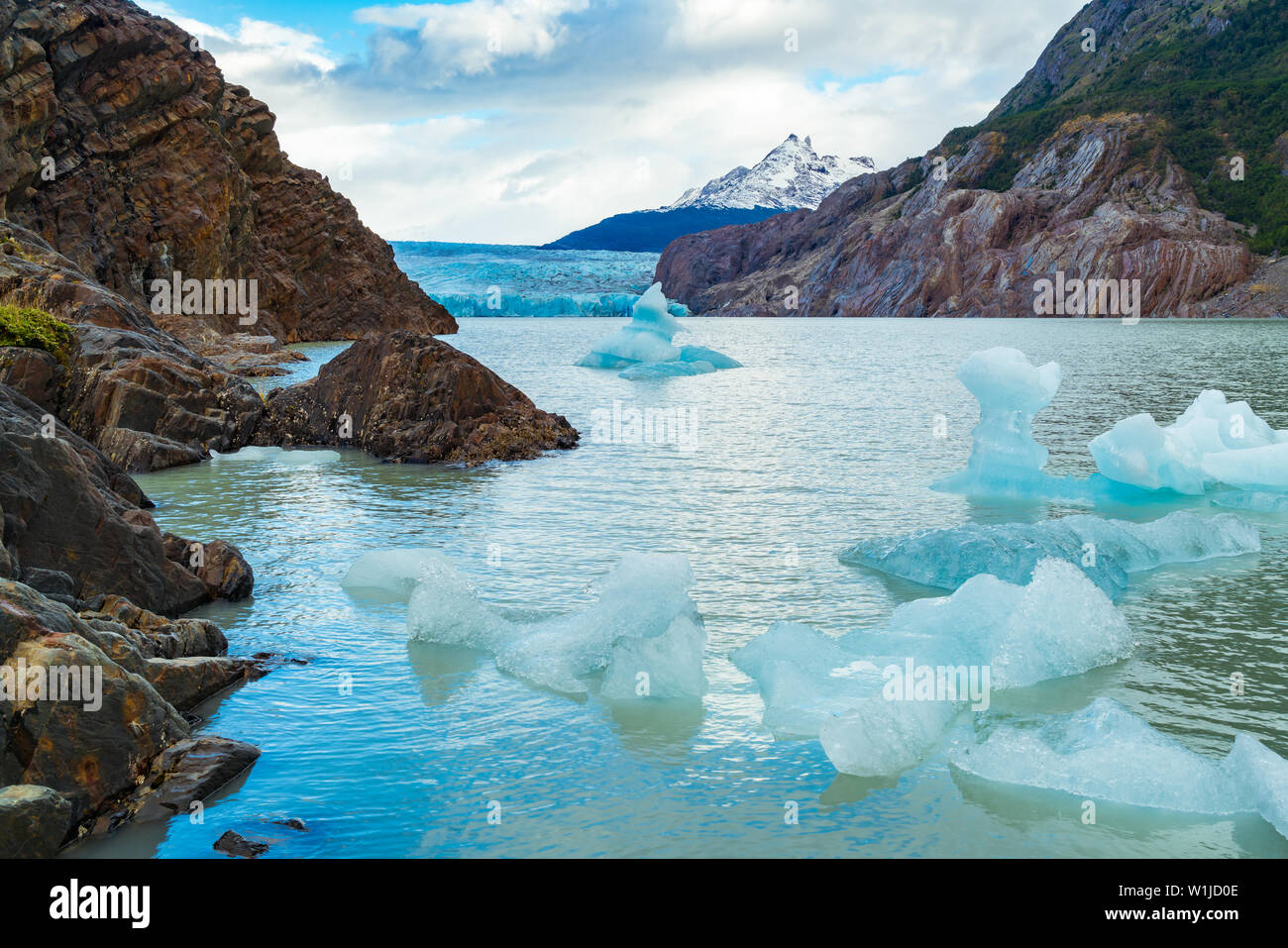 View of small Iceberg break off Grey Glacier and floating in Grey Lake in the Southern Patagonian Ice Field in Chile Stock Photo