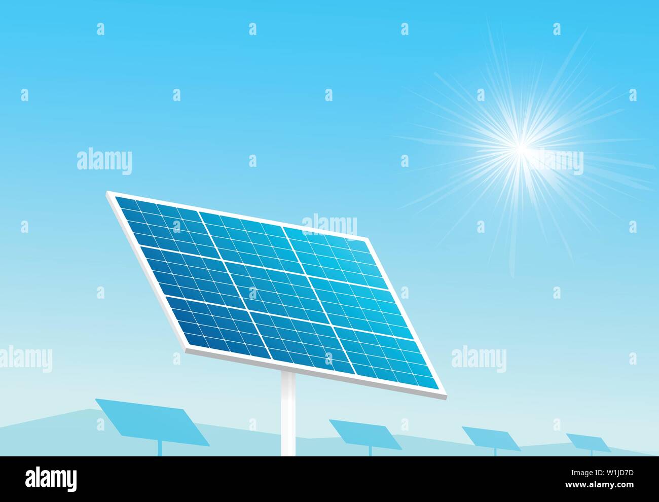 Solar panels in farm with blue sky and sun light, vector Stock Vector