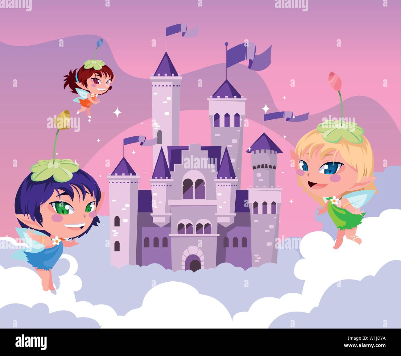 fairies with castle fairytale in the sky with clouds vector ...