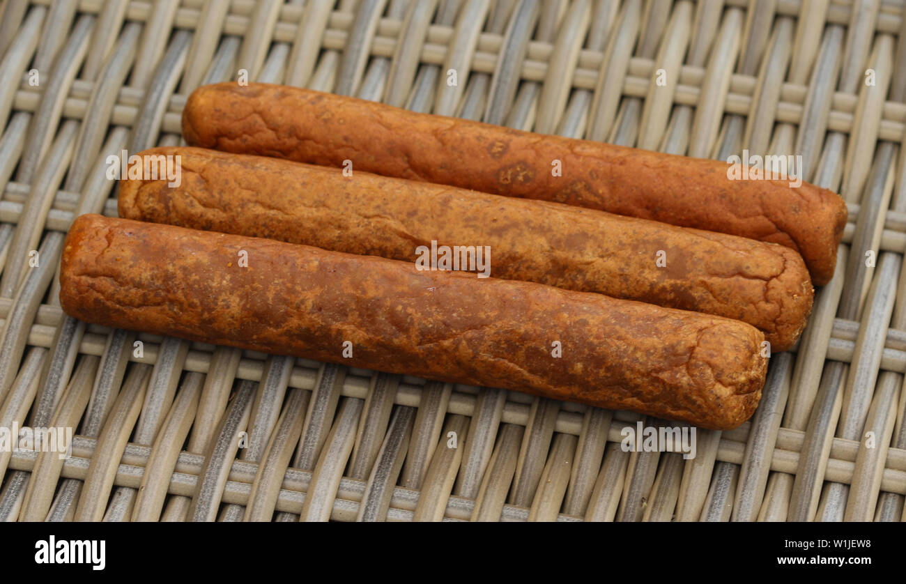 close up of frikandel, a traditional Dutch snack, a sort of minced meat hot dog Stock Photo