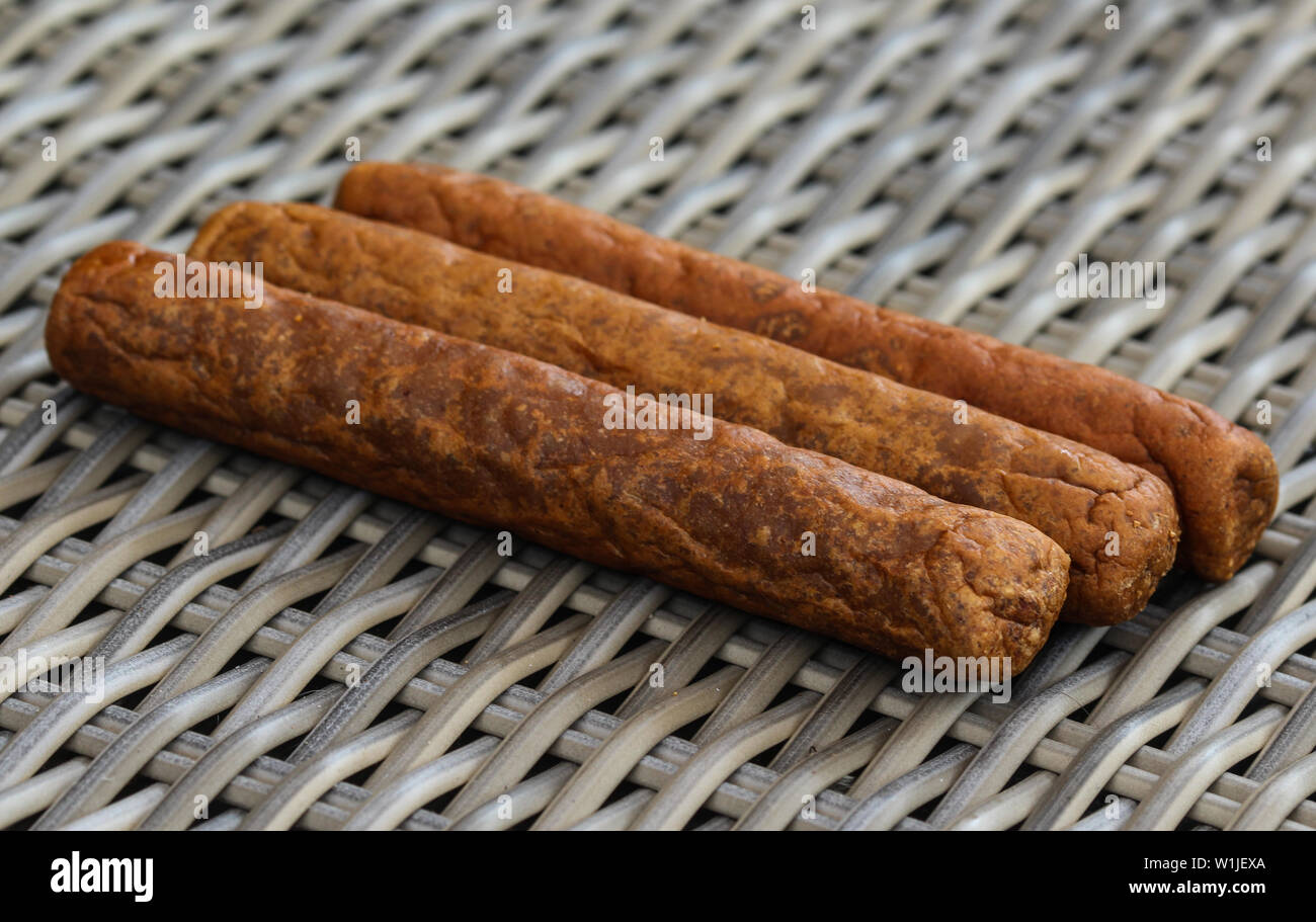 close up of frikandel, a traditional Dutch snack, a sort of minced meat hot dog Stock Photo