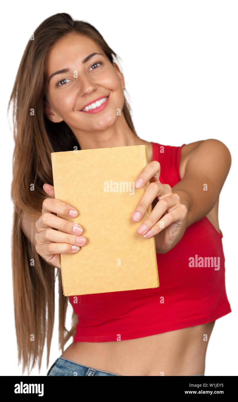 Young woman with a books pile Stock Photo - Alamy