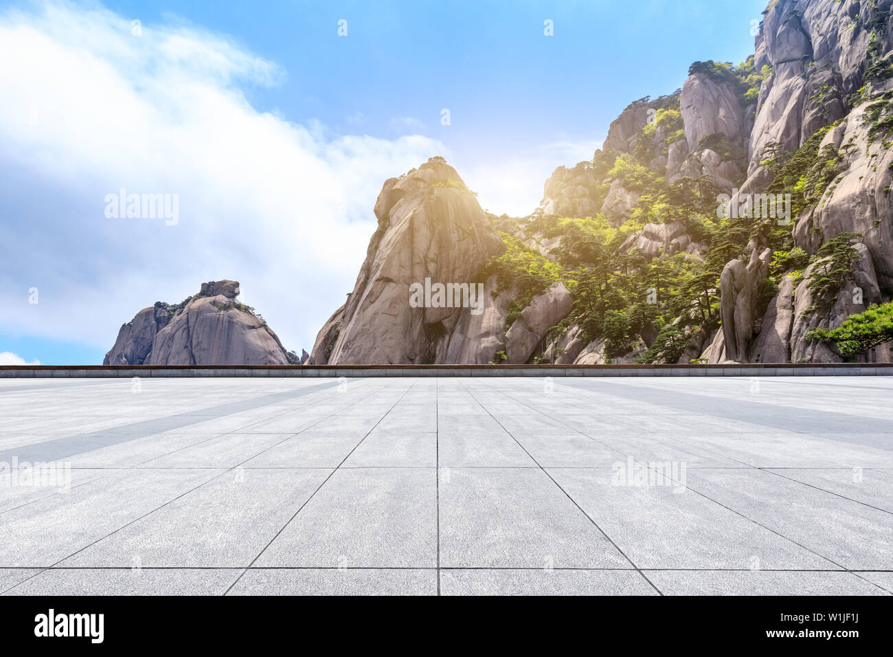Empty square floor and beautiful mountain nature landscape in Huangshan,Anhui,China. Stock Photo