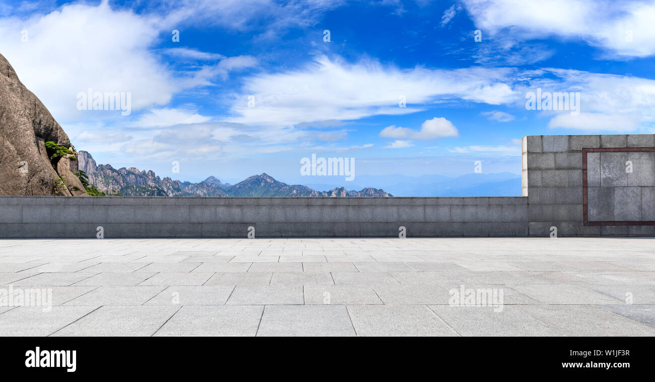 Empty square floor and beautiful mountain nature landscape in Huangshan,Anhui,China. Stock Photo