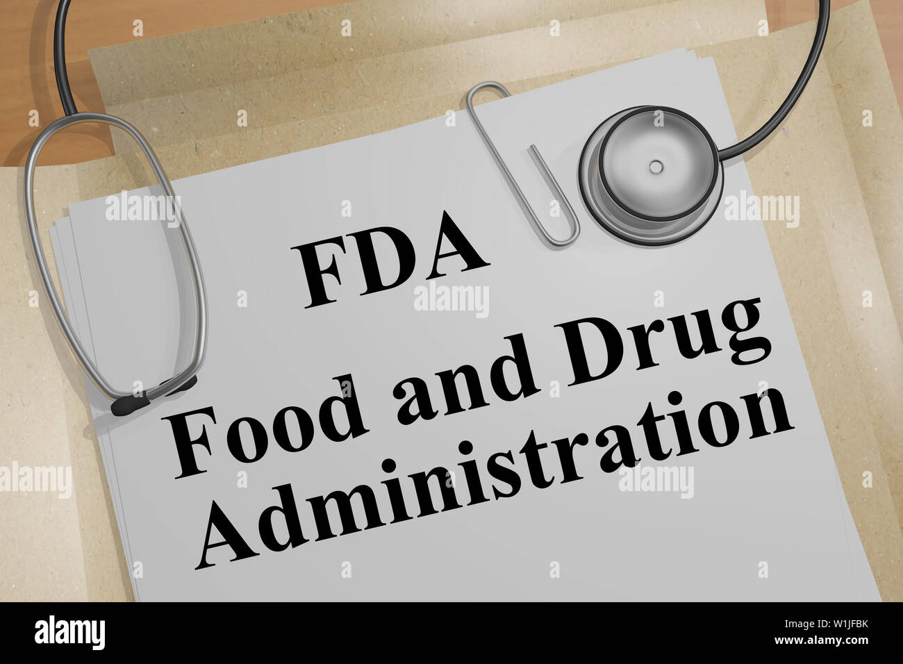 3D illustration of FDA Food and Drug Administration title on a medical