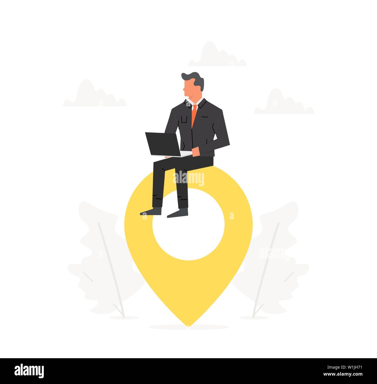 Businessman with a laptop sitting on a big map pointer. Navigation, delivery, office location concept. Stock Vector