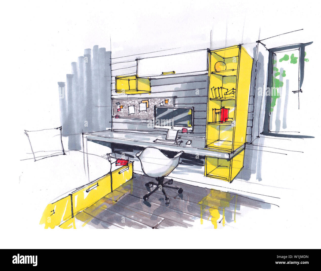 sketch of the interior of a cozy Studio, loft in yellow. large Windows, chair in a modern style, multifunctional Desk with bookshelves and computer Stock Photo