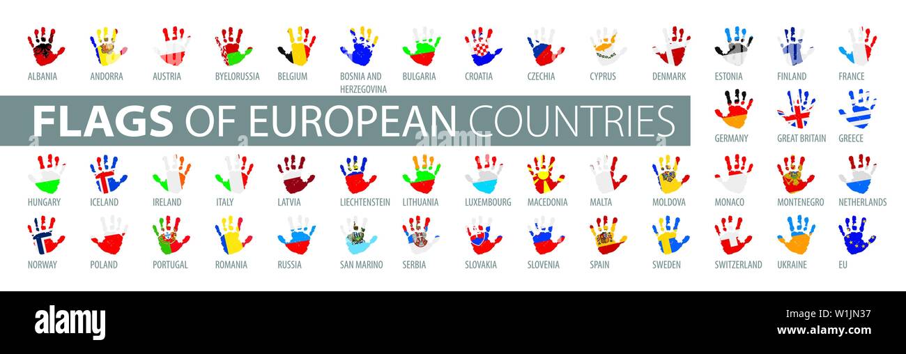 Hand and national flag. Vector illustration of a set of European flags Stock Vector