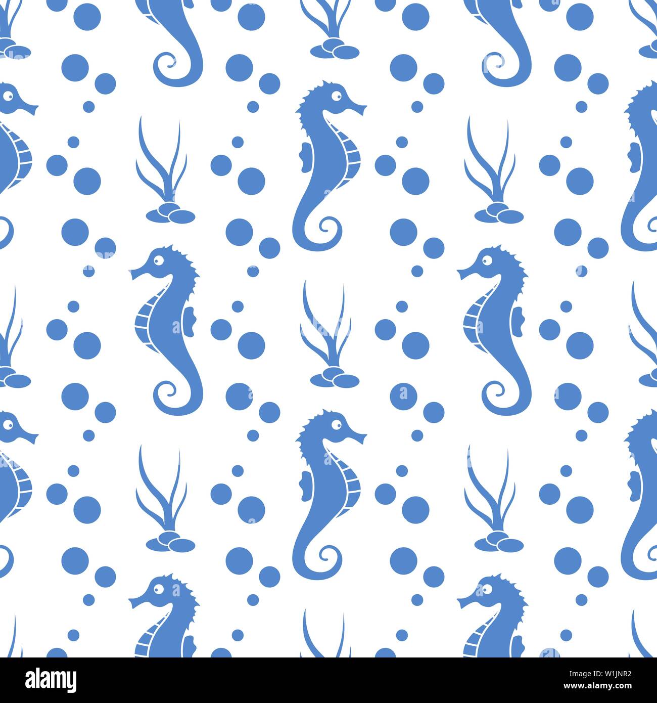 Vector seamless pattern with sea horses, underwater plants and bubbles ...