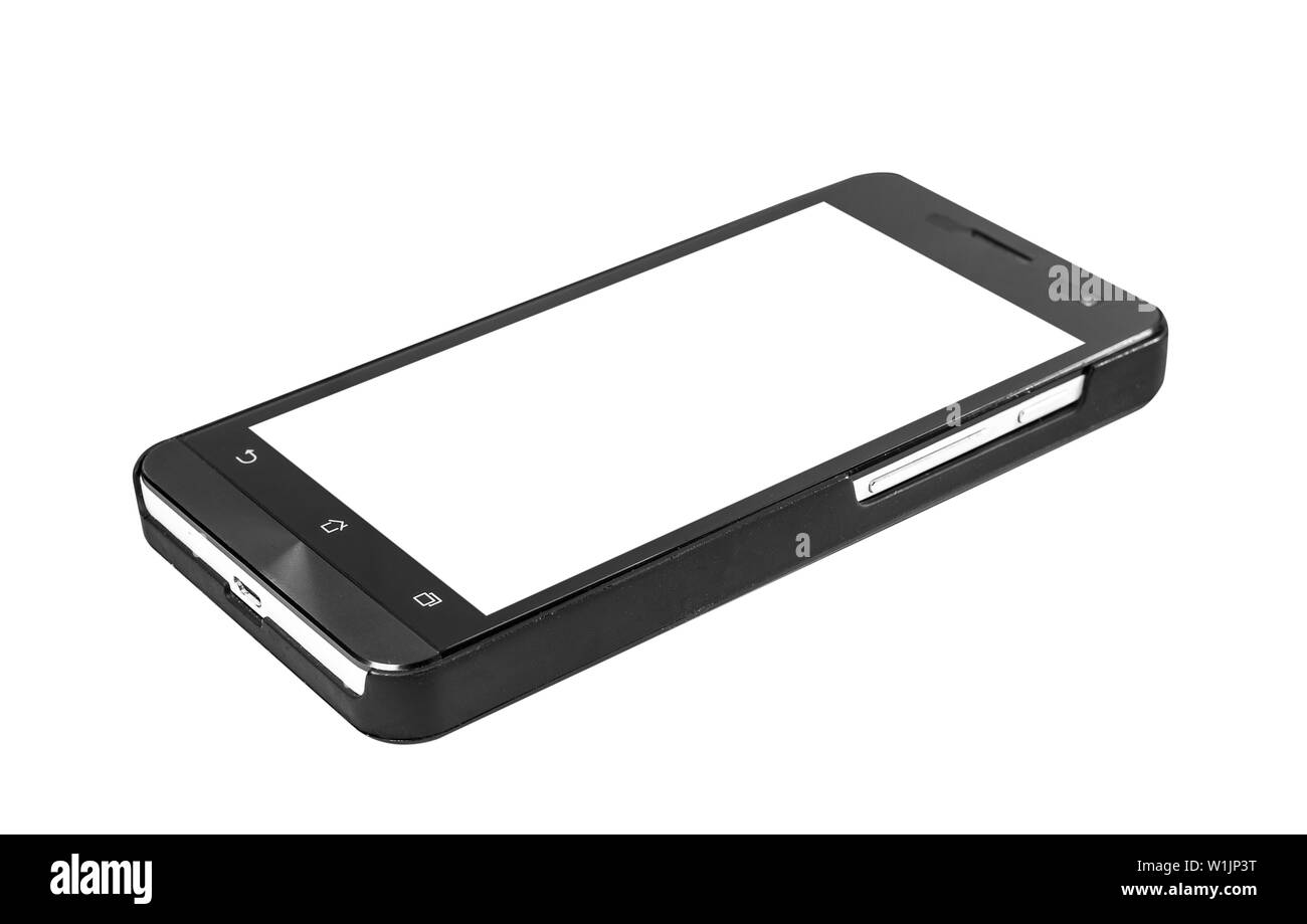 Black modern smartphone with blank screen lies on the surface, isolated on white background. Stock Photo